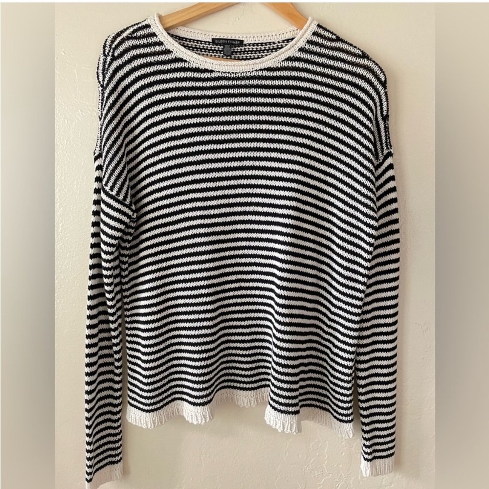 Eilene Fisher Blue Ivory Striped Sweater Size Small